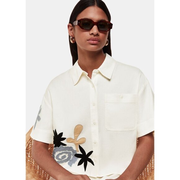 WHISTLES Women's Applique Linen Blend Shirt Size 8 In Ivory - Picture 1 of 9